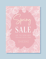 Spring sale vector banner with lettering, cherry flowers and clouds isolated on pink background. Floral design for advertising, promotion, flyer, invitation, card, poster, website