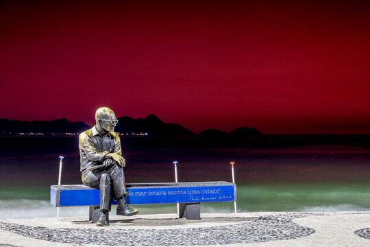 Statue Of Poet Carlos Drummond De Andrade In Copacabana In Rio De Janeiro, Brazil.