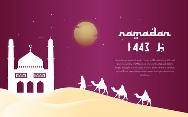 Background banner modern ramadan with mosque and camel in the night