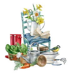 Watercolor spring composition, Country farm kitchen decor, gardening, Farmhouse,vegetable, daffodil flower bouquet, Vintage rusty element, blue chair,red rubber