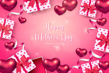 Fototapeta na wymiar Happy mother's day 3D red pink love heart ribbon and present gift box