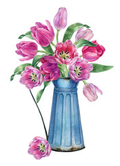 Watercolor spring flowers,Pink tulip bouquet in blue vase, rustic easter flower,mother's day postcard.
