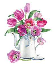 Watercolor spring flowers,Pink tulip bouquet in white vase, rustic easter flower,mother's day postcard.