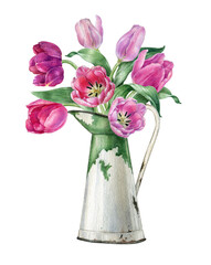 Watercolor spring flowers,Pink tulip bouquet in white vase, rustic easter flower,mother's day postcard.
