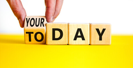 Today is your day symbol. Businessman turns the wooden cube and changes concept words Today to your day. Beautiful white background, copy space. Business, motivation today is your day concept.