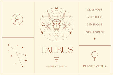 Taurus Zodiac Sign Design Illustrations. Esoteric Vector Element, Icon - obrazy, fototapety, plakaty
