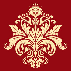 Damask graphic ornament. Floral design element. Gold and red vector pattern