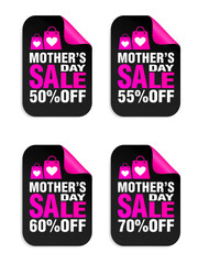 Mothers day sale black, pink stickers set with packages icon. Sale 50%, 55%, 60%, 70% off