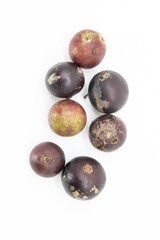 Fresh acai berries on white background, top view