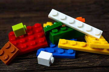 Plastic cubes of a children's designer close-up.