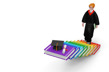 Happy graduated man with Diploma and colorful book, 3d rendering