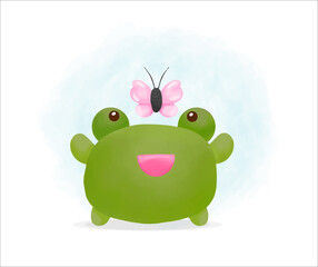 Cute Happy frog with butterfly in cartoon style