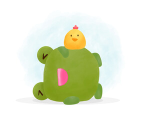 Cute Happy laugh frog with a chicks in cartoon style
