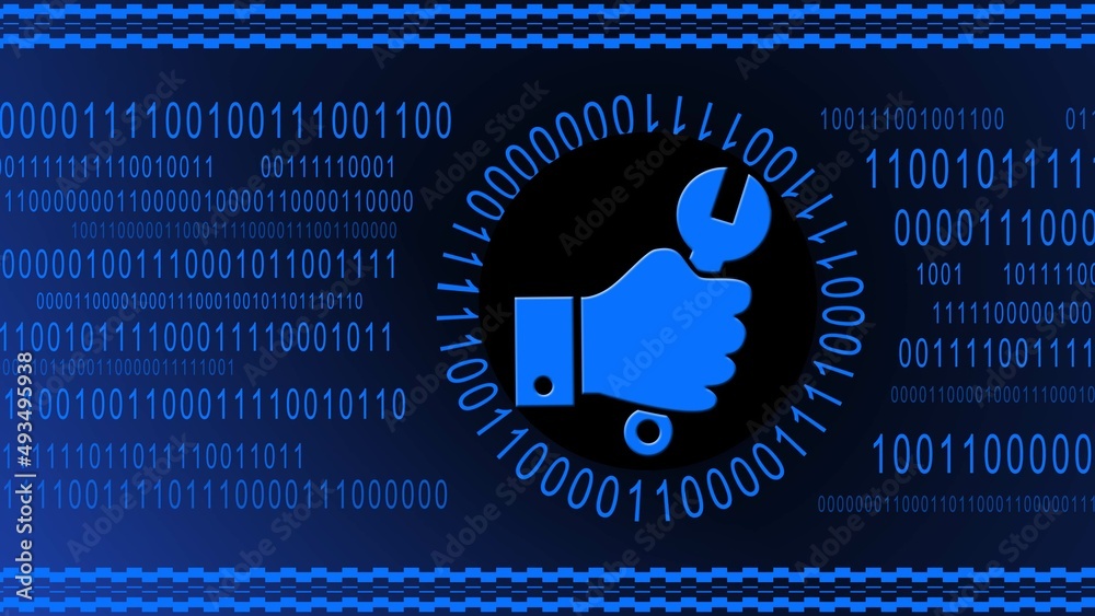 Poster hand with wrench centered in a ring of binary code on blue digital background - symbolic of installw