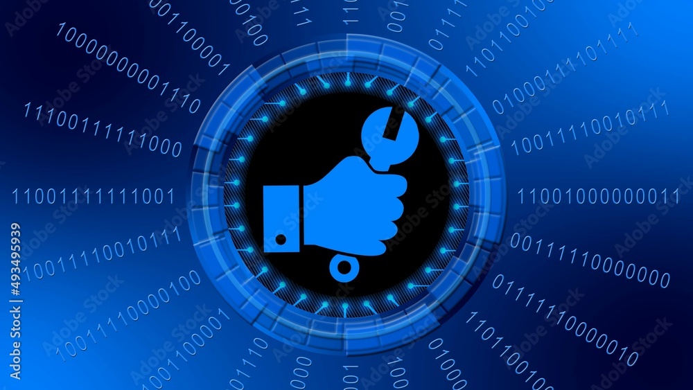 Aufkleber hand with wrench centered in rays of binary code around hud elements in blue design - symbolic of in