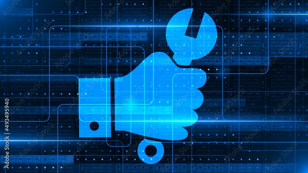 Poster hand with wrench in blue design on graphic elements over blocks of binary code arranged as a square 