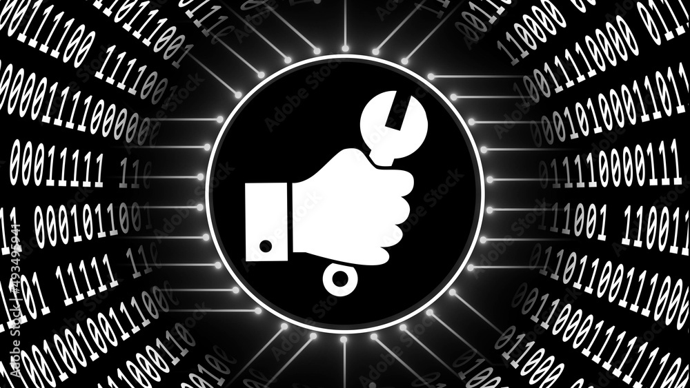 Aufkleber hand with wrench in center of abstract futuristic background of data flow - binary code arranged in 