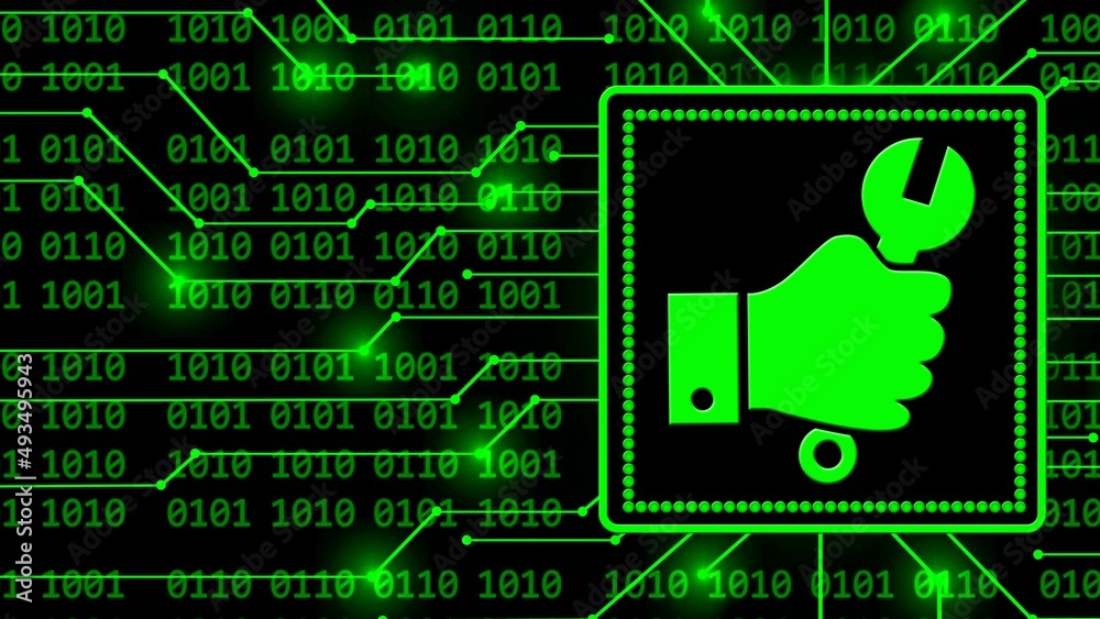 Aufkleber hand with wrench in frame - abstract background of 4-digit binary code behind information connecting