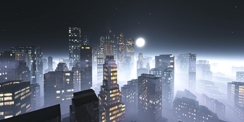 Night skyscrapers. Night city in the clouds under the moon and stars, skyscrapers at night in the fog, 3d rendering