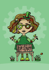 Steampunk cute girl crafting her dream box