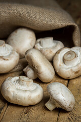 Champignons on a wooden background. Fresh white mushrooms. A lot of mushrooms