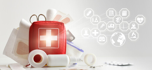 International aid healthcare medicine with first aid kit concept