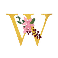 Botanical ornate letters flowers gold color and botanical boho font and flower ornaments alphabet. Royal ornate abc, flourishes decor elegant letter