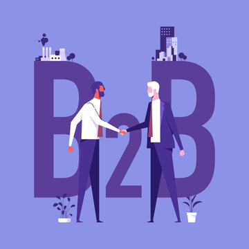 B2B marketing concept vector illustration, concept of b2b - a factory and a corporate buildings shaking their hands