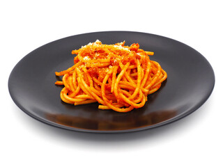 Bucatini pasta with amatriciana sauce isolated on white background