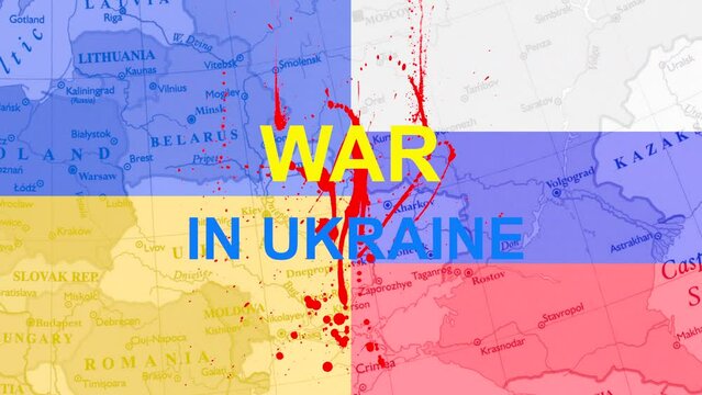 Blood drips on the flag of Ukraine and Russia on the Europe map background. Ukraine War Poster