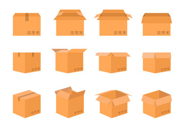 Opened and closed cardboard box. Vector illustration.