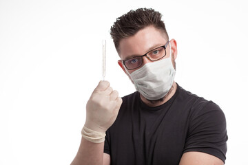 The guy in the mask and gloves on his hands on a white background.