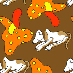 Child texture. Cute seamless vector pattern with pets and mushrooms