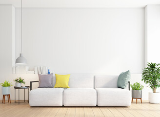 Fototapeta na wymiar Minimalist living room with sofa and side table. white wall and wood floor. 3d rendering