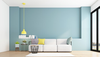 Minimalist style living room with sofa and side table. light blue wall and wood floor. 3d rendering
