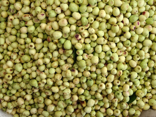 White myrtle fruits (Myrtus communis in Latin) locally known as murt or hambeles in Turkish, on a farmers market stall in Yalikavak, Bodrum, Turkey.      