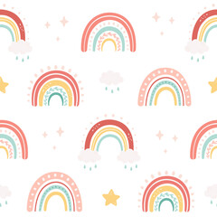 Abstract rainbow with clouds and stars seamless pattern. Design for fabric, textile, wrapping paper, nursery. Vector illustration