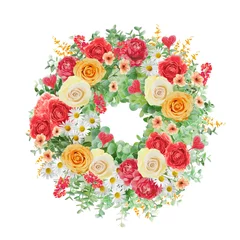 Fototapete Blumen Wedding wreath with roses and spring herbs. Isolated on white background. 