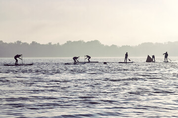 Silhouette of group of children paddle with SUP stand up paddle board in the river. SUP...