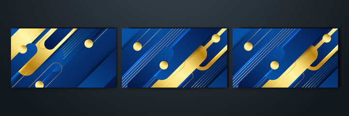 Set of abstract luxury dark blue background with golden lines