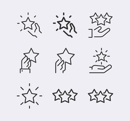 Obraz premium Star Rating, review line icon. Stars in hand vector line icon