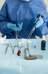 Sterile curettage instruments, forceps, retractor in the operating room of a medical hospital for...