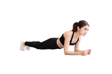 Fototapeta premium Southeast Asian woman wearing black workout clothes doing planks and white background.