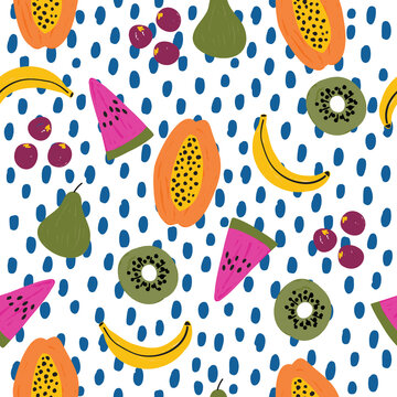 Trendy colourful of summer fruits, Mixed fruits Banana,Berries,Kiwi ,Papaya,brush strokes style, layer on polka dots seamless pattern vector, fashion design, fabric, wallpaper,wrap