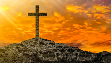 Easter or Religion background banner panorama religious greeting card - Old ruine stone wall and cross in the sunset, with orange glowing sky