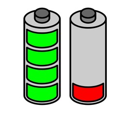 Battery icon set. Charged battery and discharged battery icons isolated. Concept of full and low battery.