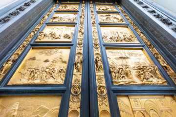 Florence Gate of Paradise: main old door of the Baptistry of Florence - Battistero di San Giovanni - located in front of the Cathedral - obrazy, fototapety, plakaty