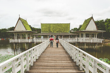 Fototapeta na wymiar wooden Pavilion on lake or pond or swamp of Bueng See Fai, Phichit, Thailand.