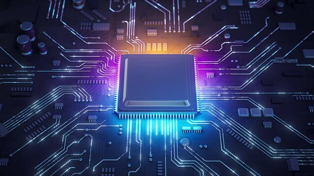 Central Computer Processors CPU concept. Motherboard digital chip. Technology science background. Integrated communication processor. 3D animation