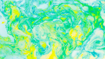 Fototapeta na wymiar Fluid art creative background. Turquoise yellow spots on liquid. Abstract background with multi-colored stains. Chaos concept